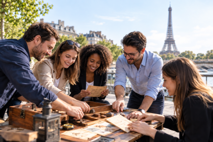 Collaborateurs participant à une activité de team building à Paris près de la tour Eiffel