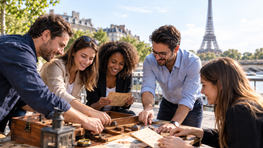 Collaborateurs participant à une activité de team building à Paris près de la tour Eiffel